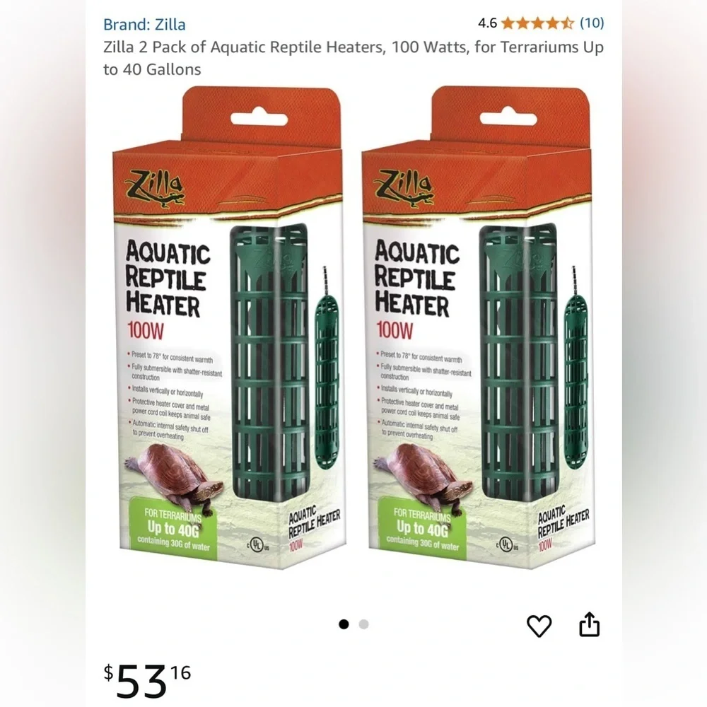 Zilla 2 Pack- Aquatic Reptile Heaters 100 Watts for Terrariums Up to 40 Gallons